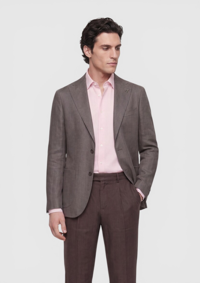 Açık Kahve Düz Zeroweight Slim Fit Keten Karışımlı Ceket - 3