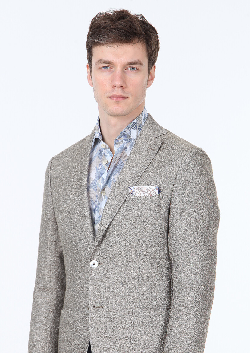Açık Kahve Düz Zeroweight Slim Fit Pamuk Karışımlı Ceket - 3