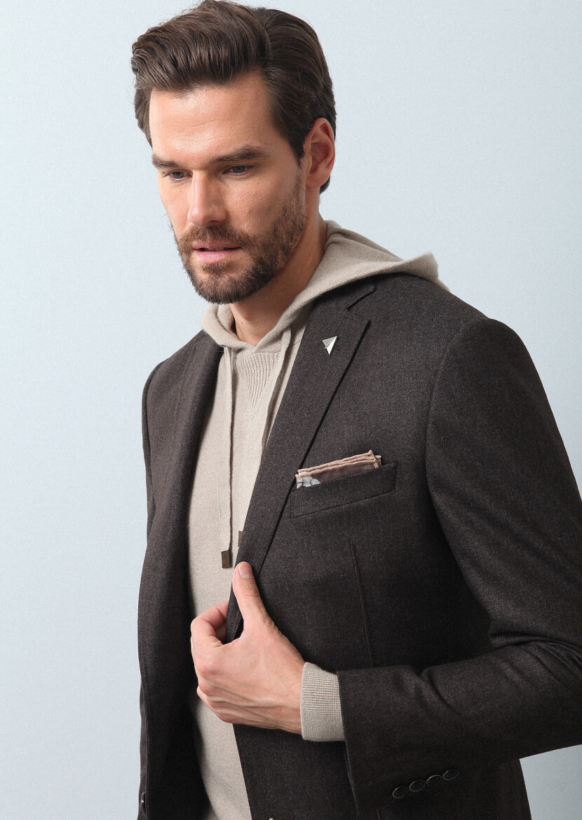 Açık Kahve Düz Zeroweight Slim Fit Yün Karışımlı Ceket 