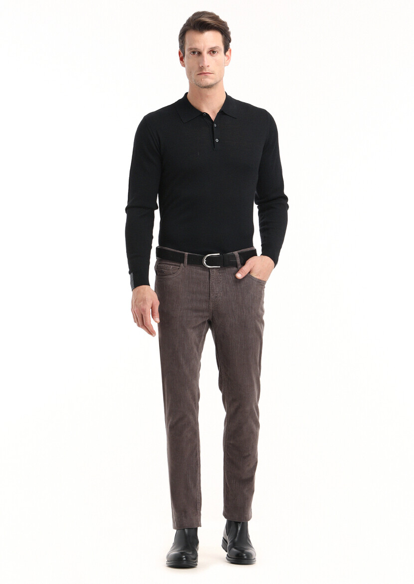 Açık Kahve Fitilli Dokuma Slim Fit Kadife Casual Pamuk Karışımlı Pantolon - 1