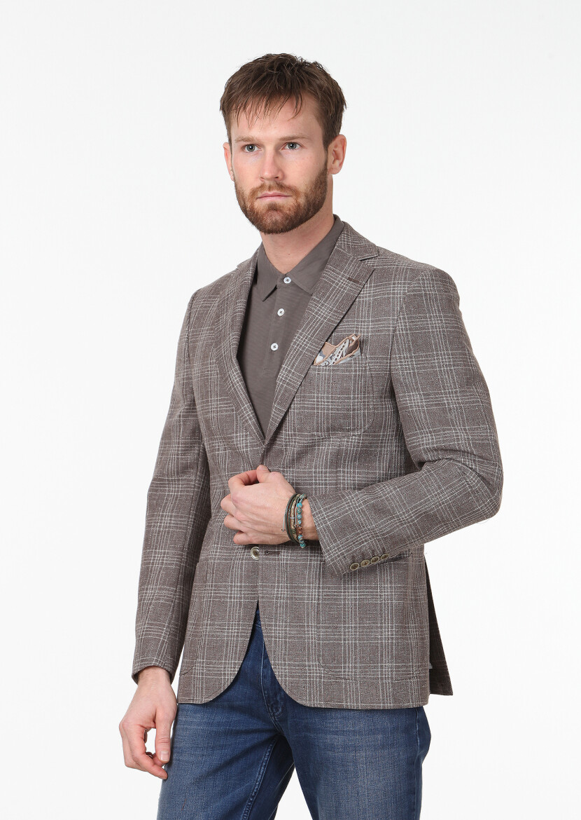 Açık Kahve Kareli Modern Fit Yün Karışımlı Ceket 