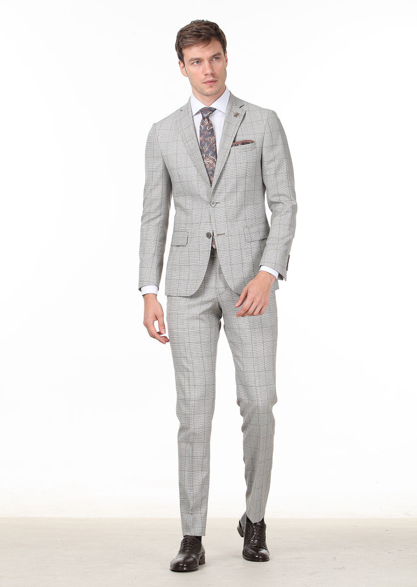 Açık Kahve Kareli Zeroweight Slim Fit %100 Yün Takım Elbise - 1