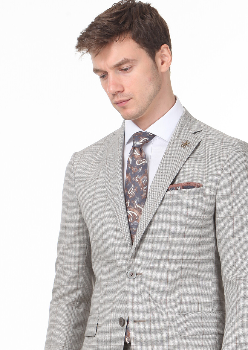 Açık Kahve Kareli Zeroweight Slim Fit %100 Yün Takım Elbise 