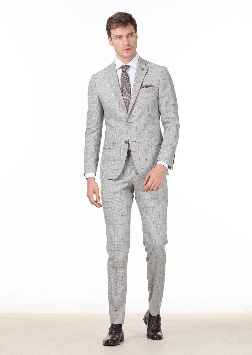 Açık Kahve Kareli Zeroweight Slim Fit %100 Yün Takım Elbise - 1