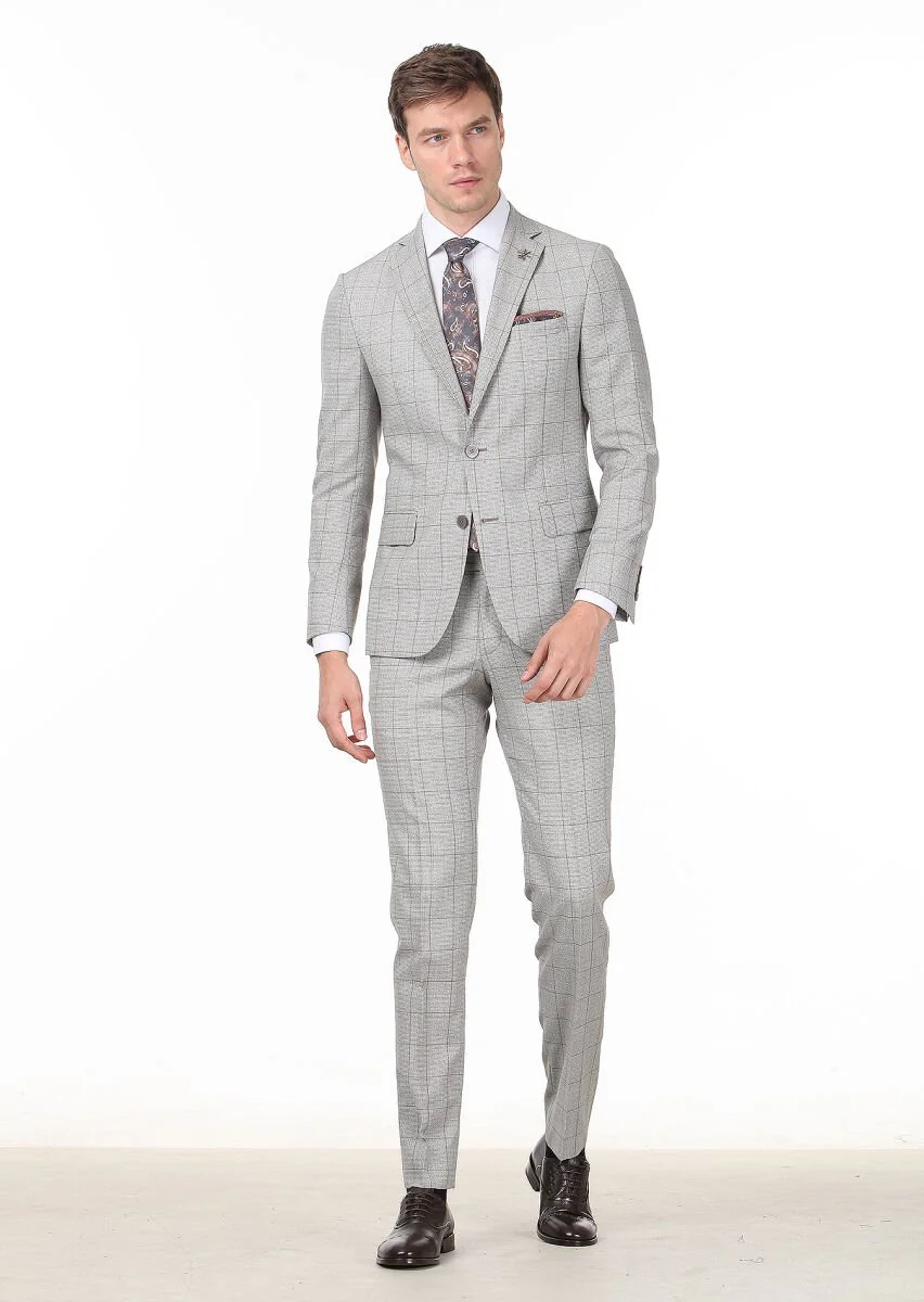 Açık Kahve Kareli Zeroweight Slim Fit %100 Yün Takım Elbise - 1