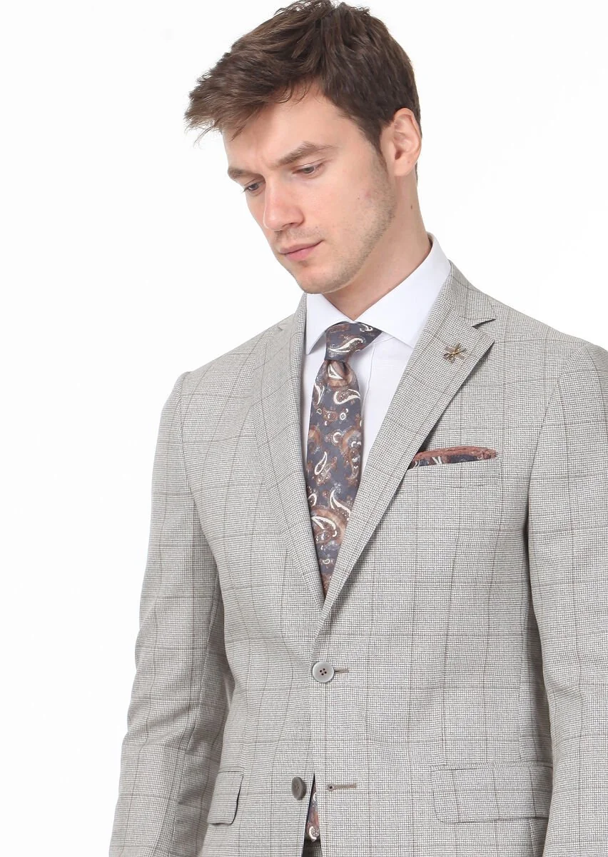 Açık Kahve Kareli Zeroweight Slim Fit %100 Yün Takım Elbise - 2