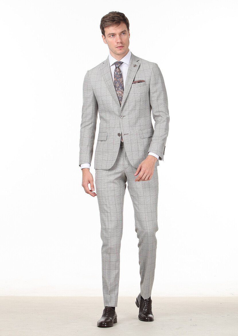Açık Kahve Kareli Zeroweight Slim Fit %100 Yün Takım Elbise 