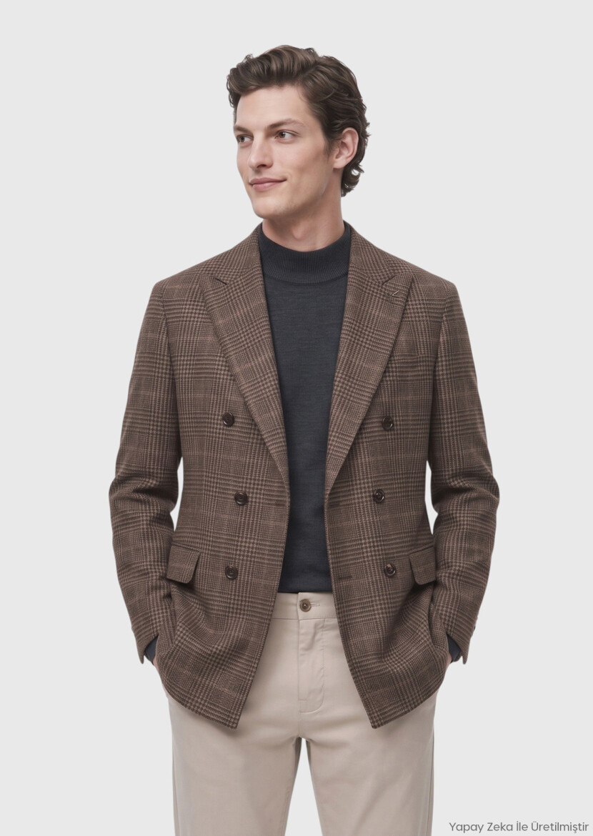 Açık Kahve Kareli Zeroweight Slim Fit İpek Karışımlı Ceket - RAMSEY