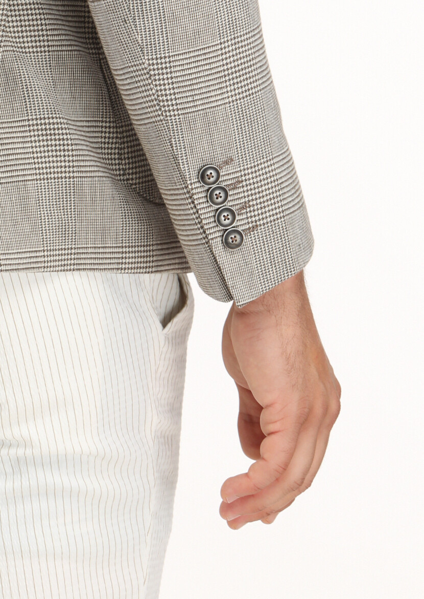 Açık Kahve Kareli Zeroweight Slim Fit Pamuk Karışımlı Ceket - 4