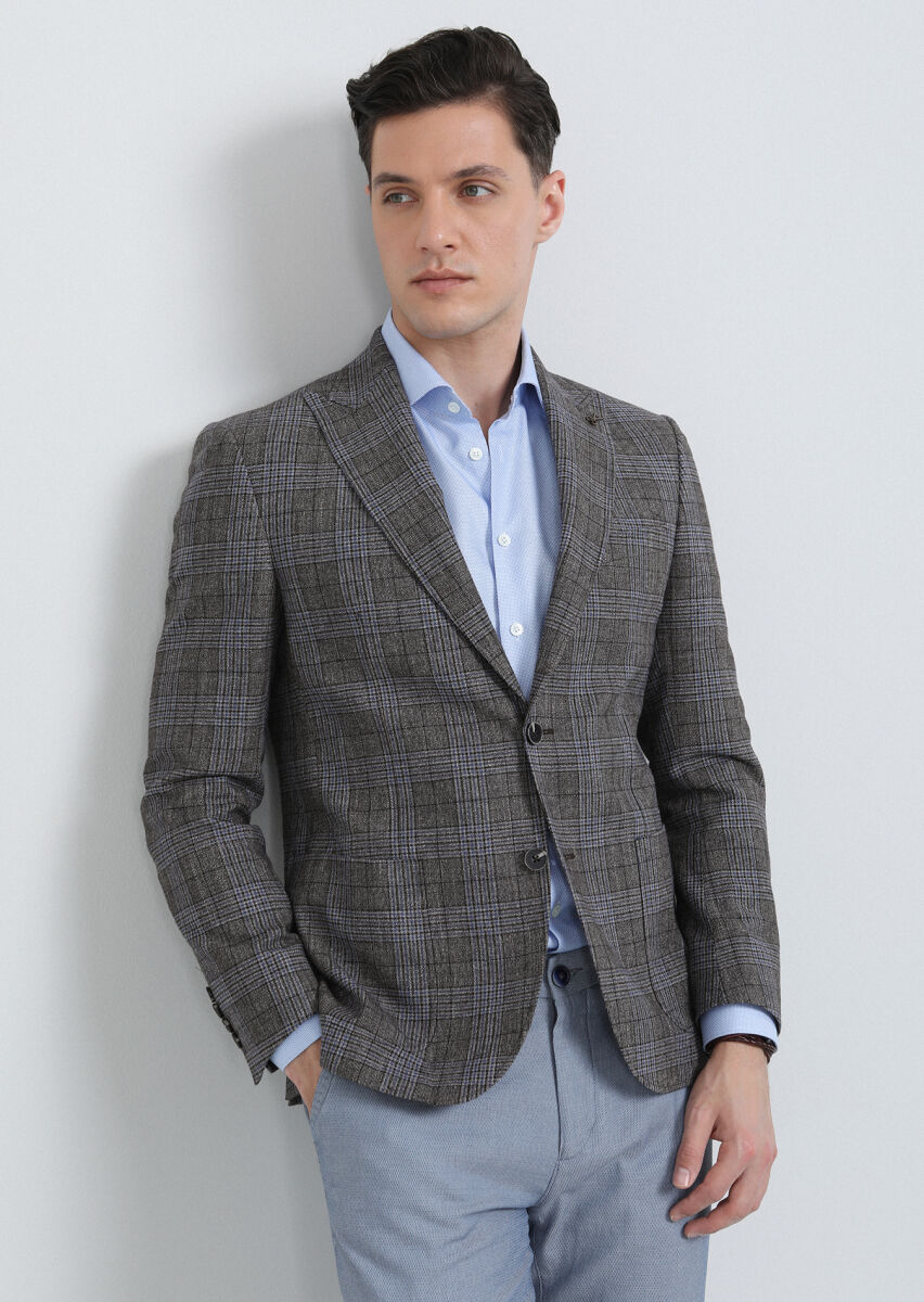 Açık Kahve Kareli Zeroweight Slim Fit Yün Karışımlı Ceket - 1
