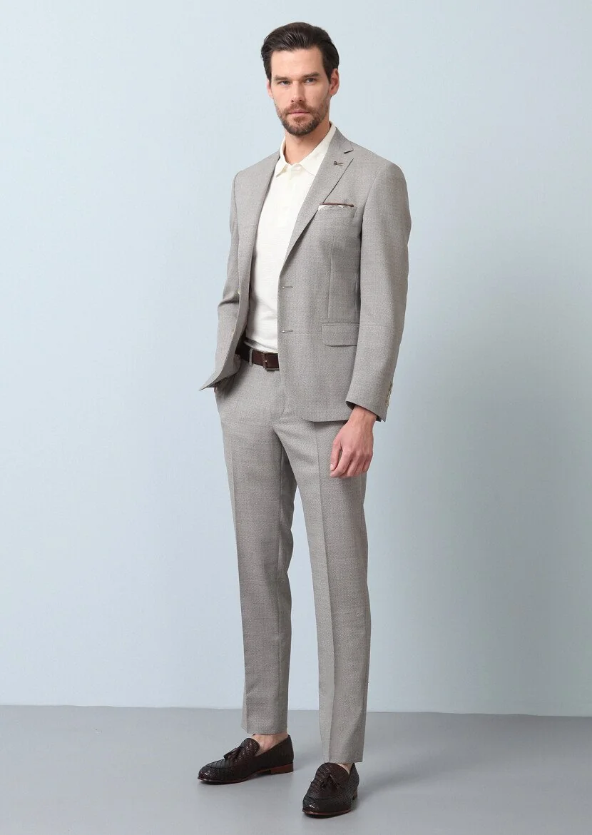 Açık Kahve Mikro Zeroweight Slim Fit %100 Yün Takım Elbise - 4