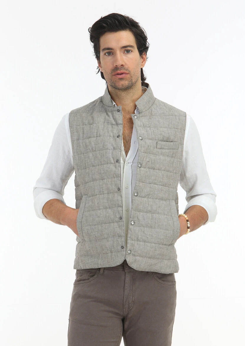 Açık Kahve Regular Fit Hakim Yaka Casual Dokuma Spor Yelek - 3
