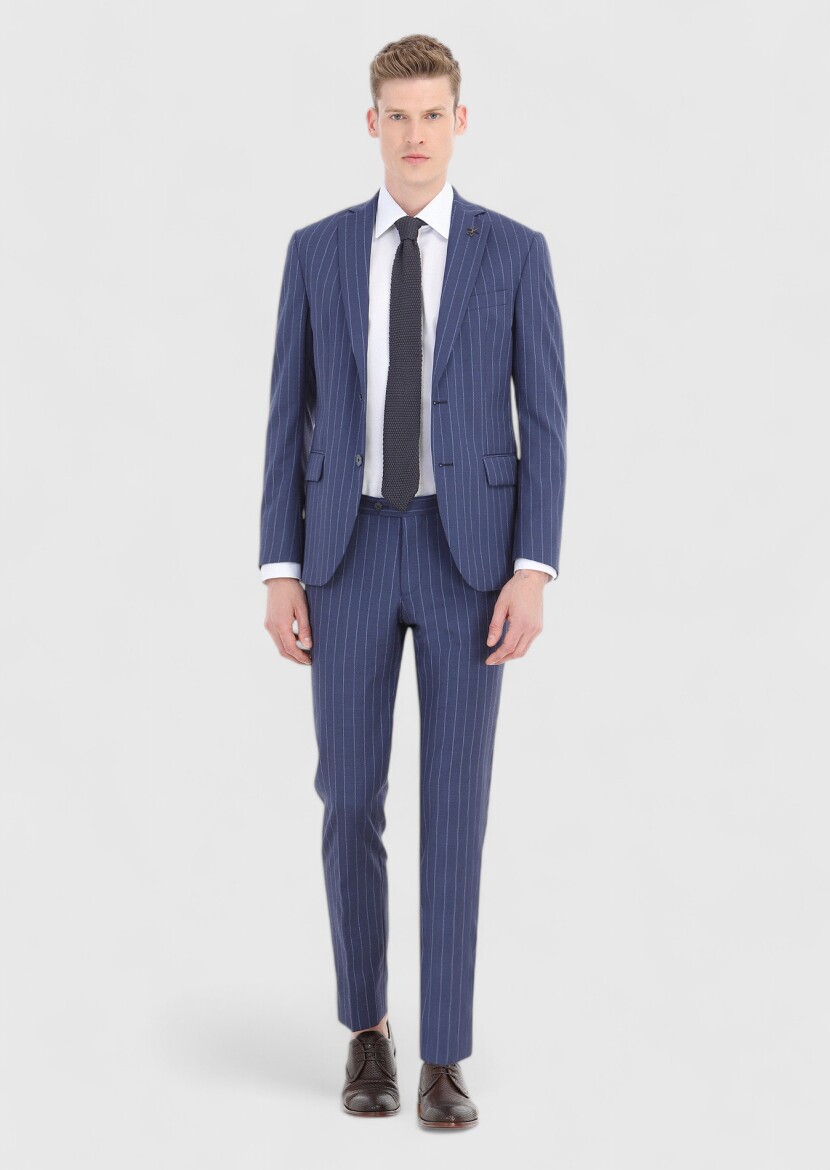 Açık Lacivert Çizgili Zeroweight Slim Fit %100 Yün Takım Elbise - 1