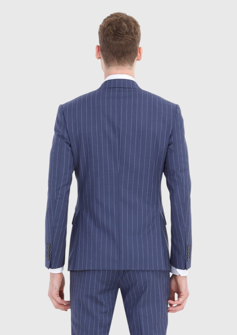 Açık Lacivert Çizgili Zeroweight Slim Fit %100 Yün Takım Elbise - 5