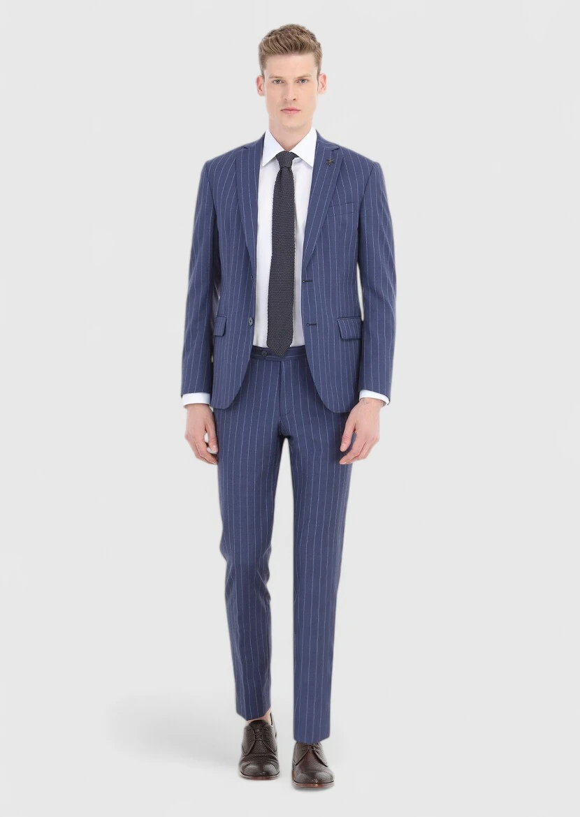 Açık Lacivert Çizgili Zeroweight Slim Fit %100 Yün Takım Elbise - 1