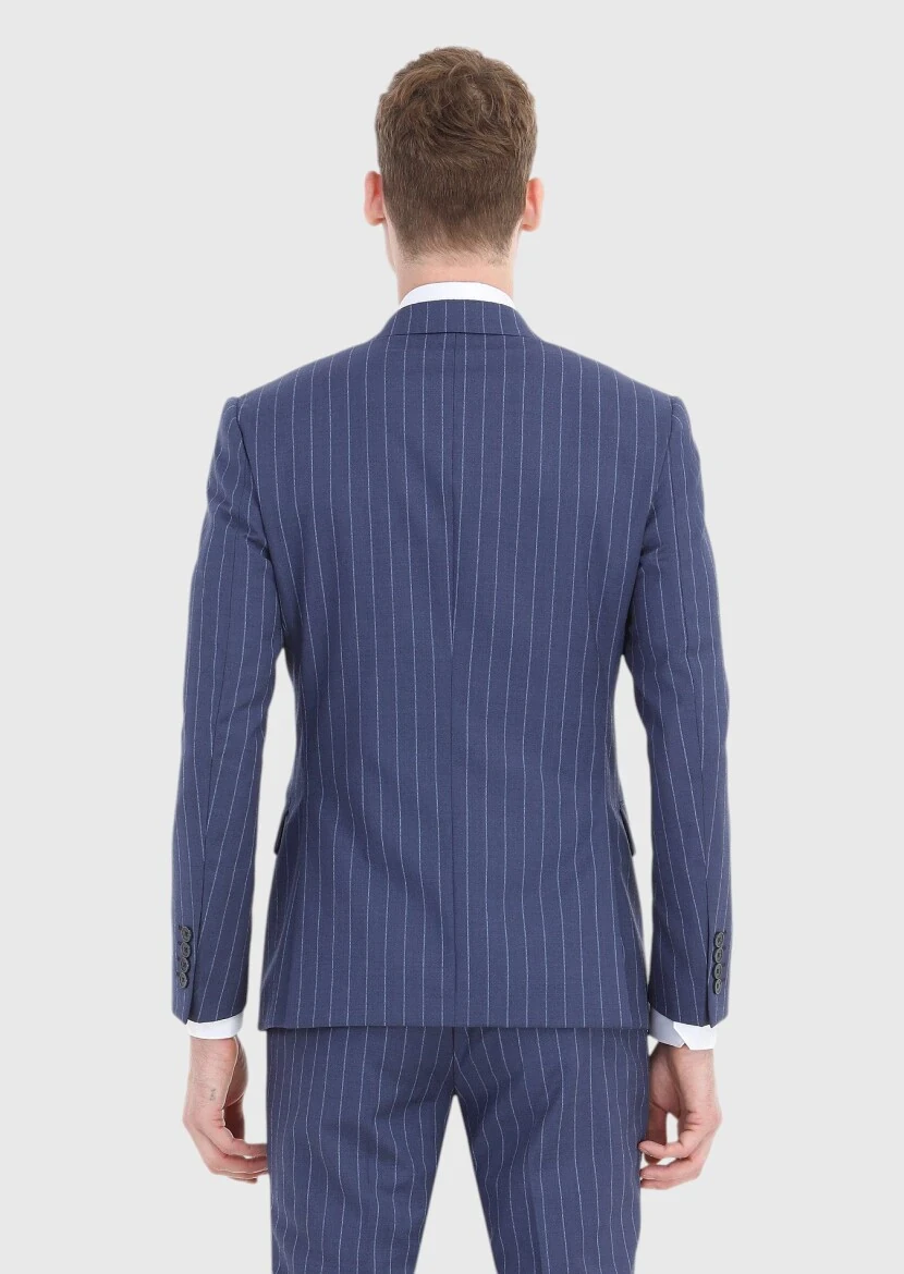 Açık Lacivert Çizgili Zeroweight Slim Fit %100 Yün Takım Elbise - 5