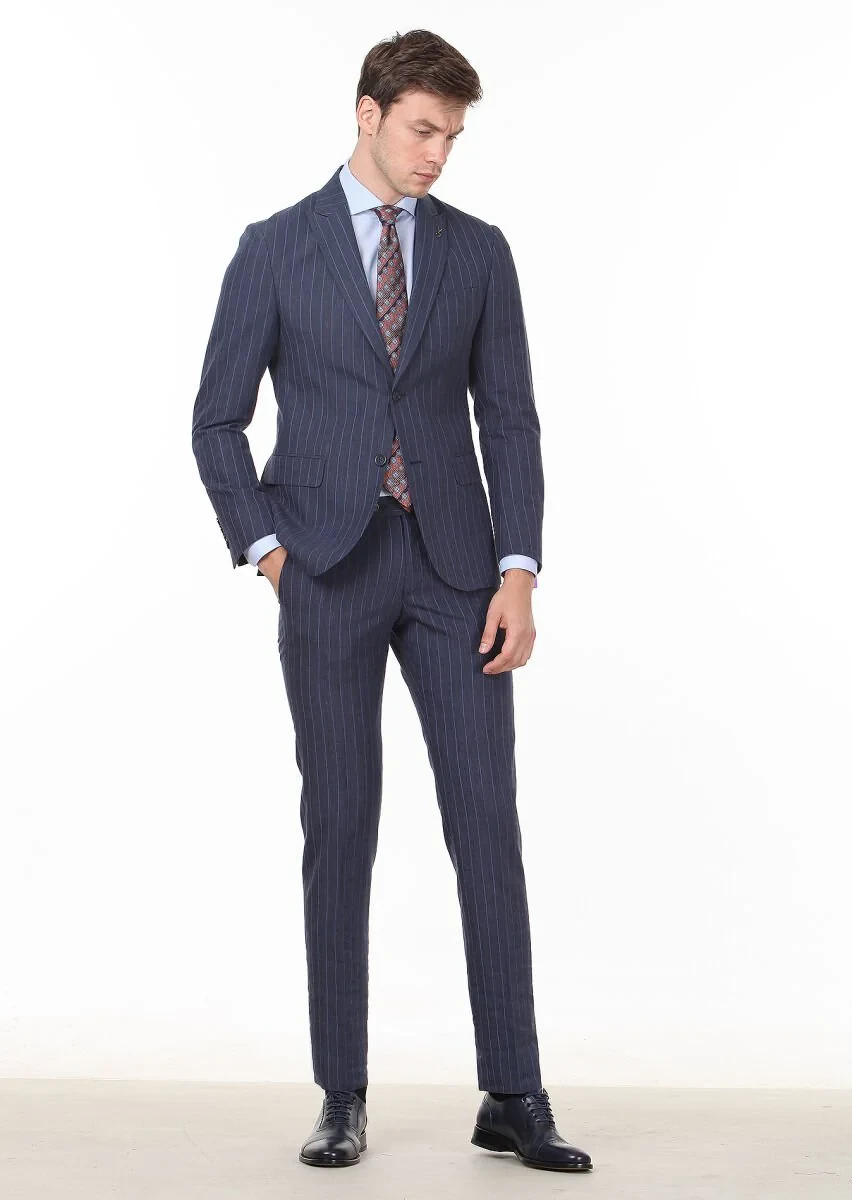 Açık Lacivert Çizgili Zeroweight Slim Fit Yün Karışımlı Takım Elbise - 1