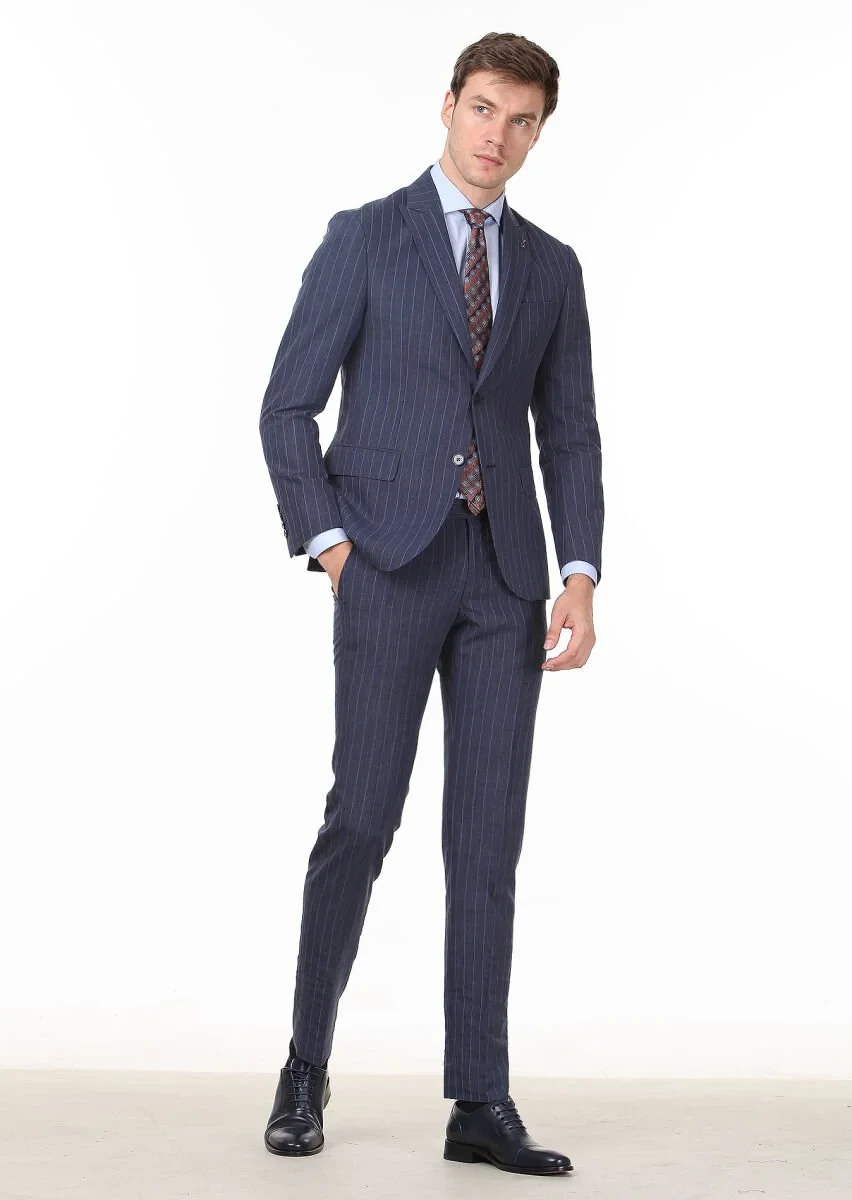 Açık Lacivert Çizgili Zeroweight Slim Fit Yün Karışımlı Takım Elbise - 3