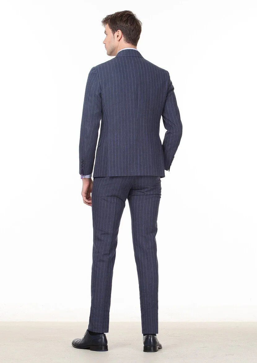 Açık Lacivert Çizgili Zeroweight Slim Fit Yün Karışımlı Takım Elbise - 4