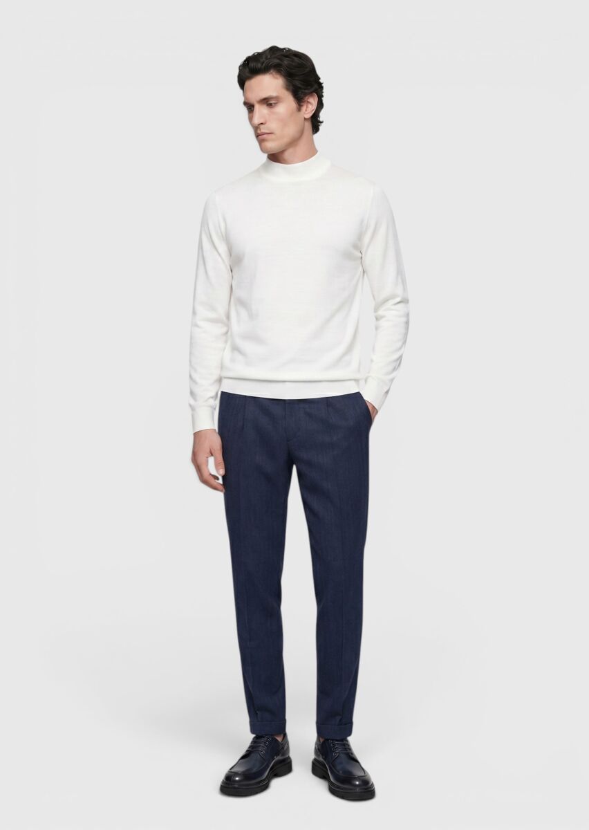 Açık Lacivert Desenli Dokuma Regular Fit Casual Yün Karışımlı Pantolon - 3