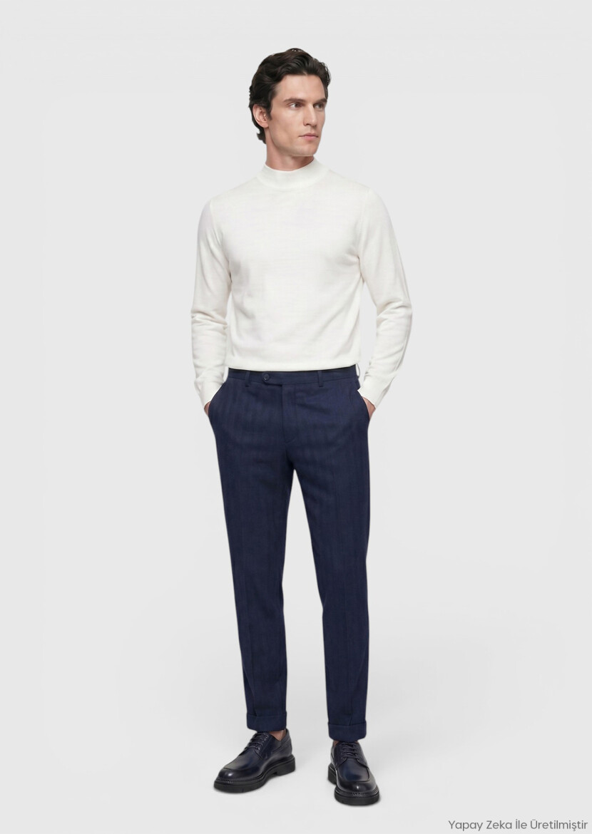 Açık Lacivert Desenli Dokuma Regular Fit Casual Yün Karışımlı Pantolon - RAMSEY