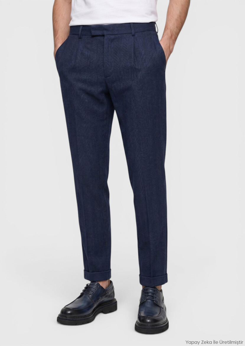 Açık Lacivert Desenli Dokuma Regular Fit Casual Yün Karışımlı Pantolon - RAMSEY