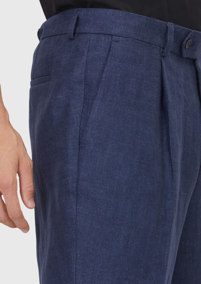 Açık Lacivert Dokuma Comfort Fit Casual %100 Keten Pantolon - 3