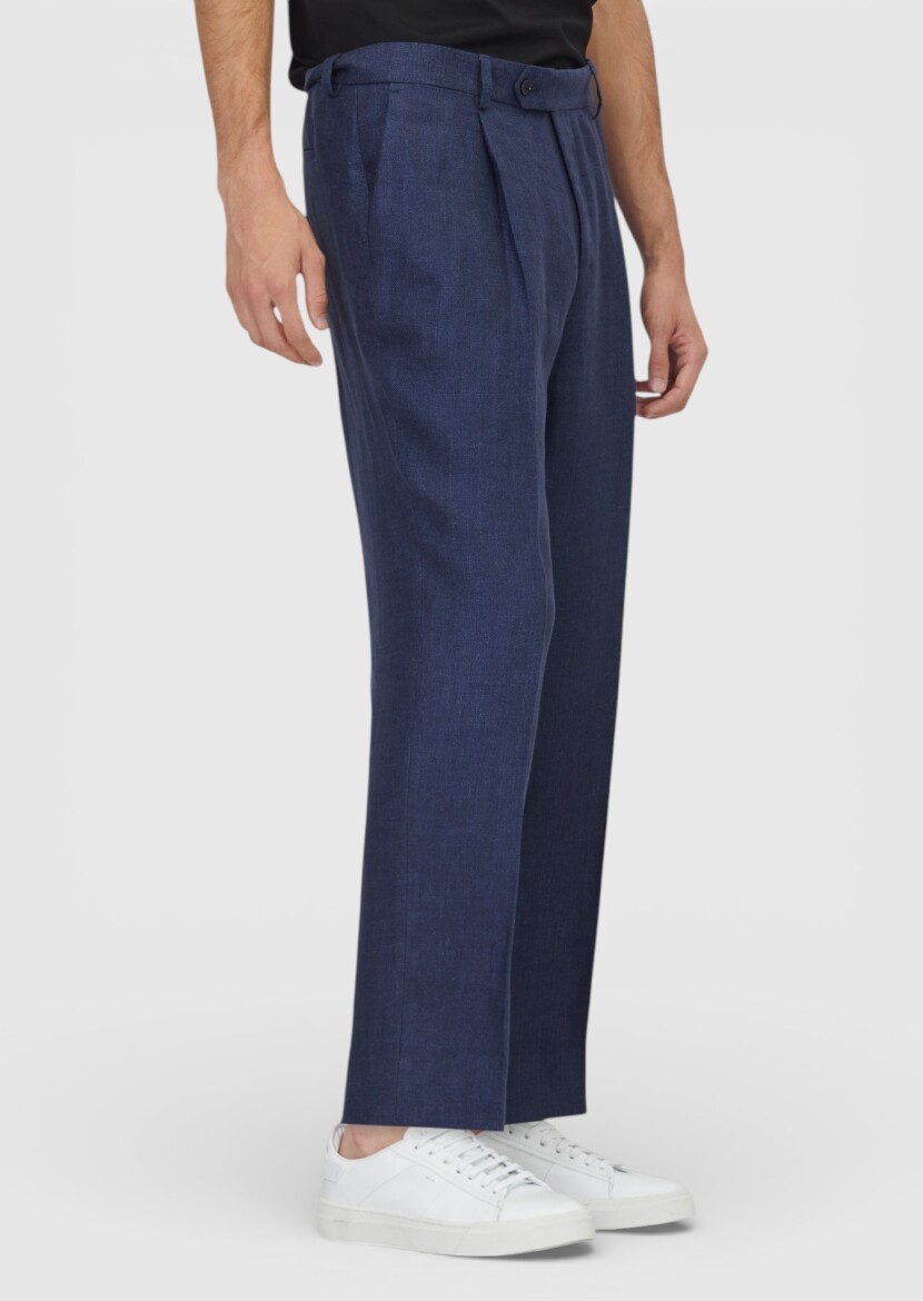 Açık Lacivert Dokuma Comfort Fit Casual %100 Keten Pantolon - RAMSEY