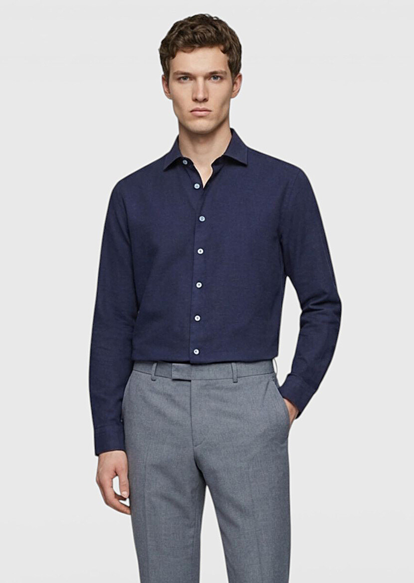 Açık Lacivert Düz Casual Fit Dokuma Casual %100 Pamuk Gömlek - 3