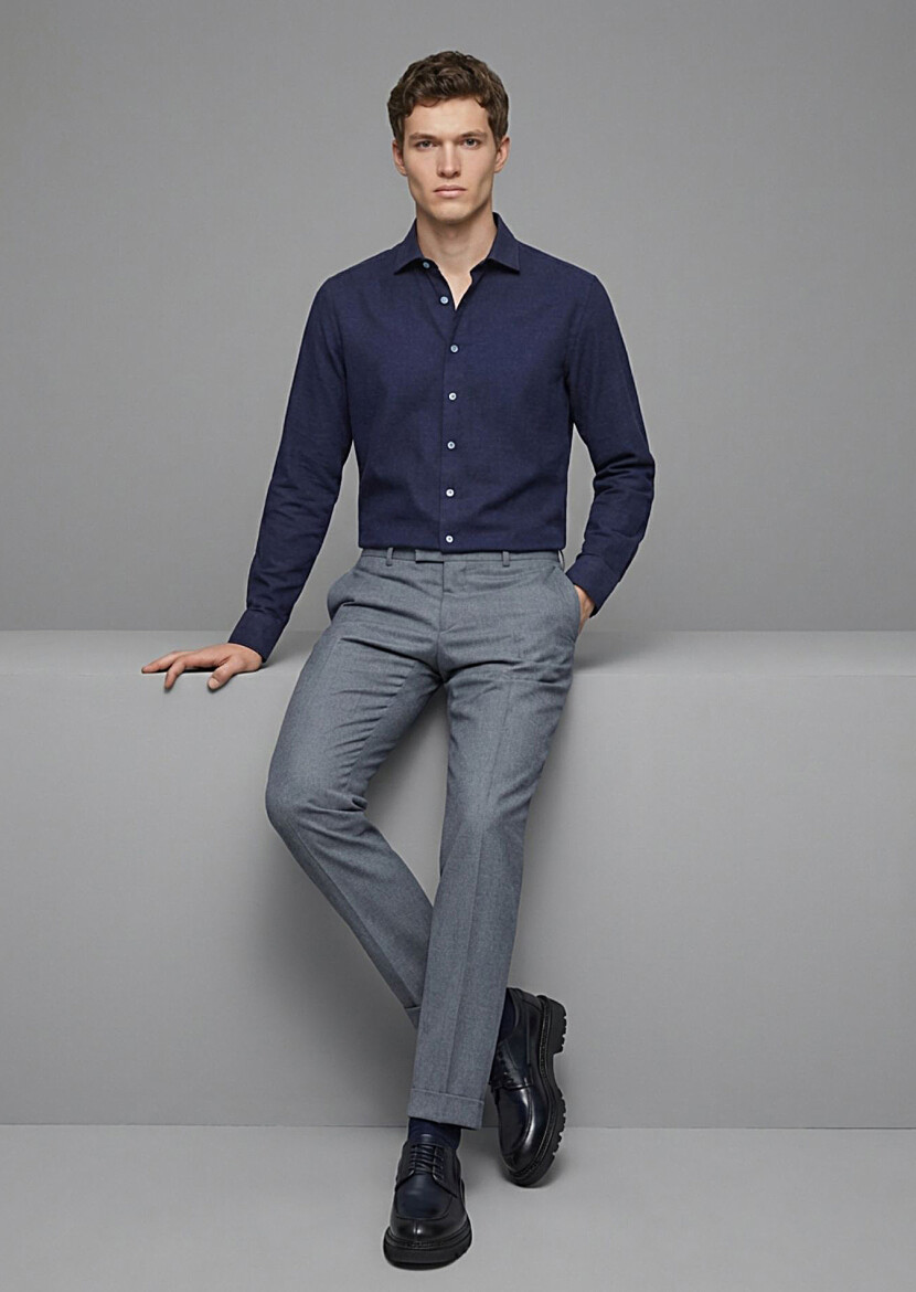 Açık Lacivert Düz Casual Fit Dokuma Casual %100 Pamuk Gömlek 