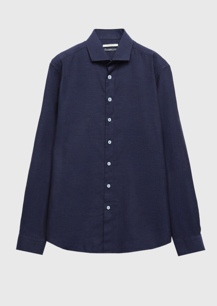 Açık Lacivert Düz Casual Fit Dokuma Casual %100 Pamuk Gömlek - 5