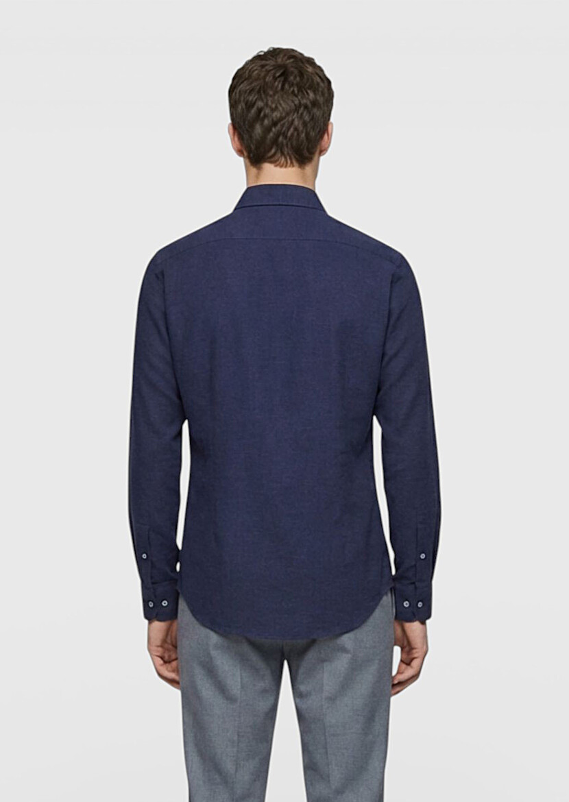 Açık Lacivert Düz Casual Fit Uzun Dokuma Casual %100 Pamuk Gömlek - 4