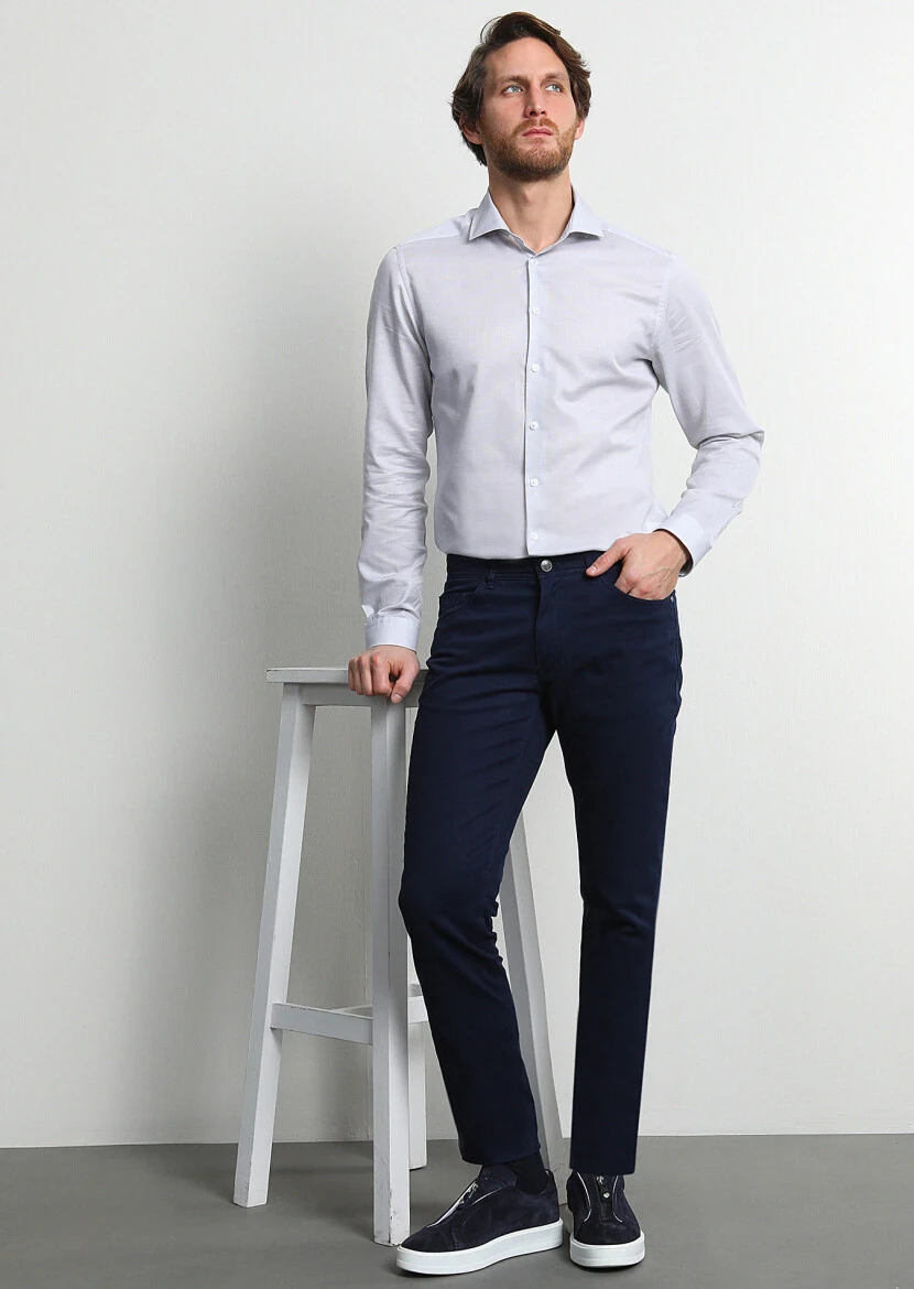 Açık Lacivert Düz Dokuma Slim Fit Casual Pamuk Karışımlı Pantolon - 1