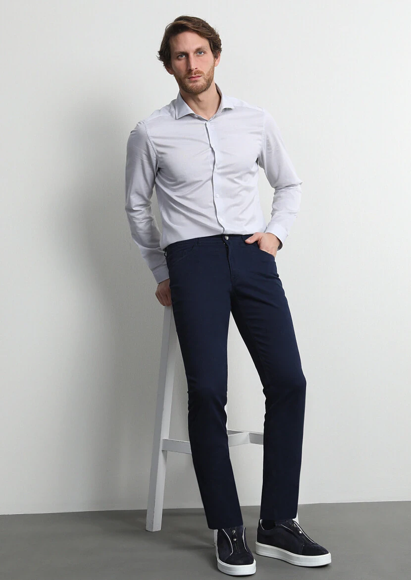 Açık Lacivert Düz Dokuma Slim Fit Casual Pamuk Karışımlı Pantolon - 3