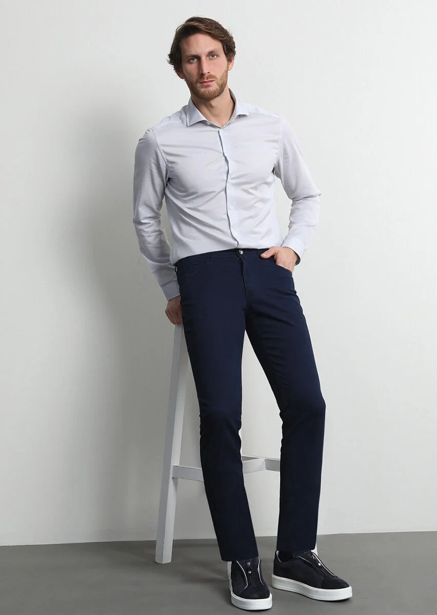 Açık Lacivert Düz Dokuma Slim Fit Casual Pamuk Karışımlı Pantolon - 3