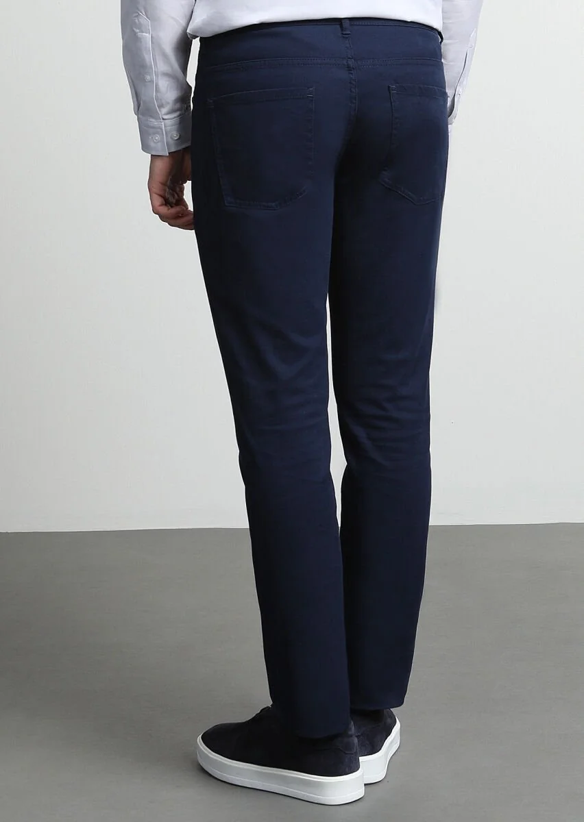 Açık Lacivert Düz Dokuma Slim Fit Casual Pamuk Karışımlı Pantolon - 4