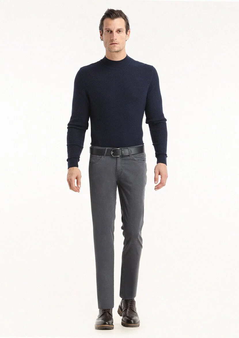 Açık Lacivert Düz Dokuma Slim Fit Casual Pamuk Karışımlı Pantolon - 1