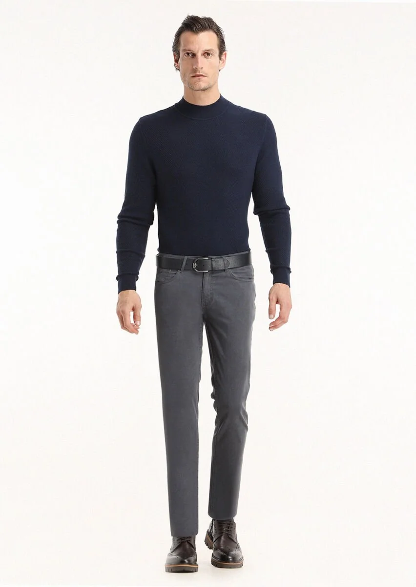 Açık Lacivert Düz Dokuma Slim Fit Casual Pamuk Karışımlı Pantolon - 1