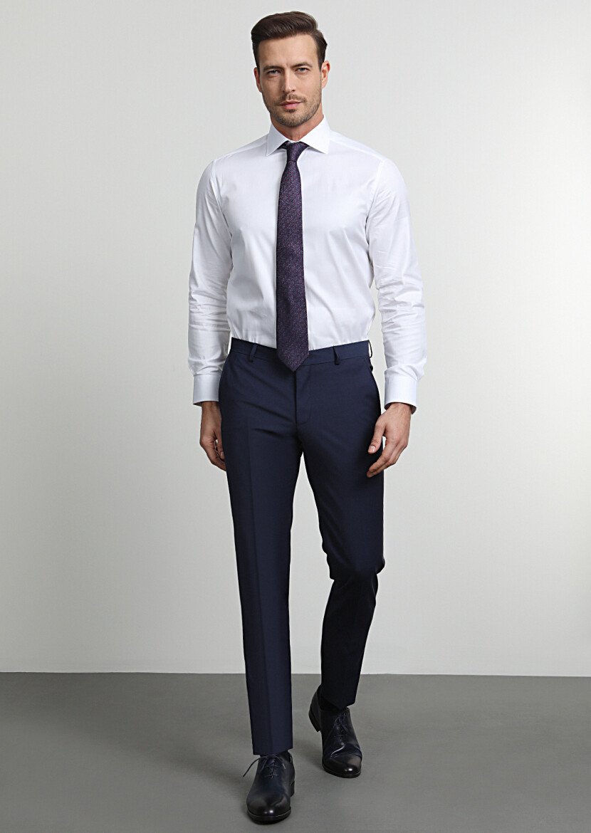 Açık Lacivert Düz Dokuma Slim Fit Klasik Yün Karışımlı Pantolon - 1