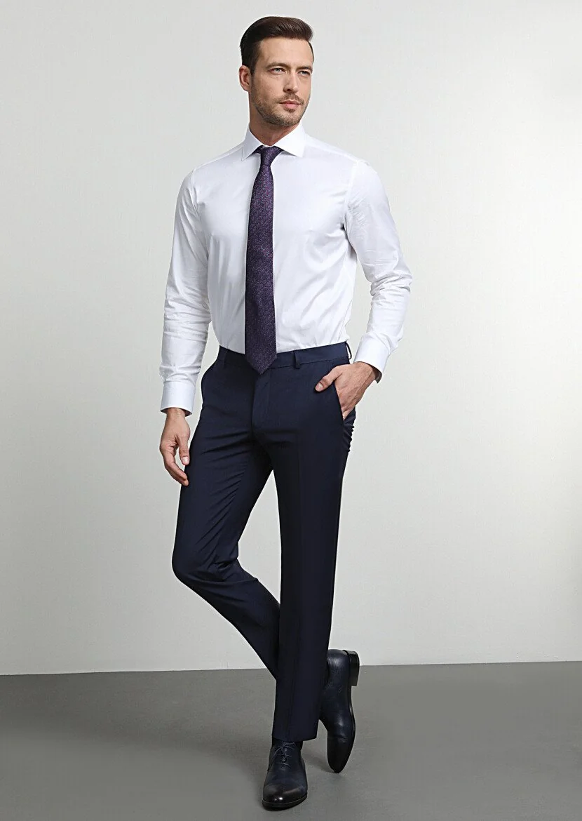 Açık Lacivert Düz Dokuma Slim Fit Klasik Yün Karışımlı Pantolon - 3
