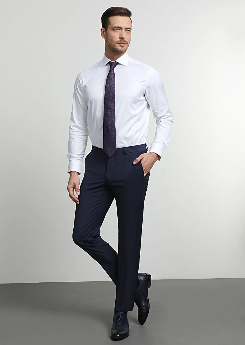 Açık Lacivert Düz Dokuma Slim Fit Klasik Yün Karışımlı Pantolon - 3