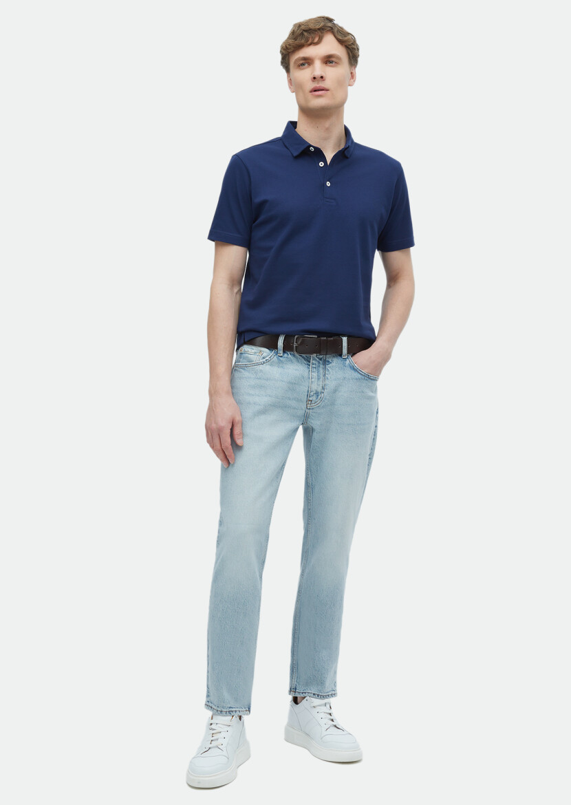 Açık Lacivert Düz Polo Yaka %100 Pamuk T-Shirt 