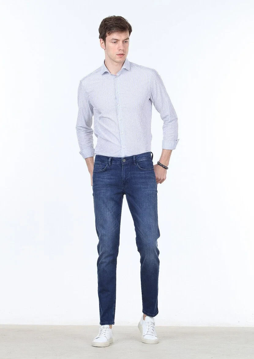 Açık Lacivert Düz Slim Fit Denim Pamuk Karışımlı Pantolon - 1