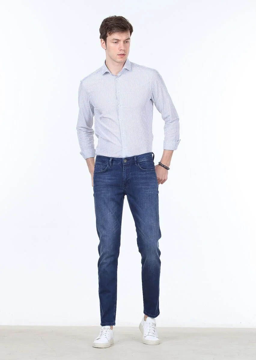 Açık Lacivert Düz Slim Fit Denim Pamuk Karışımlı Pantolon - 1