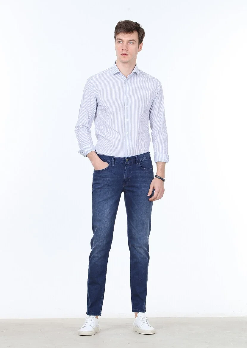 Açık Lacivert Düz Slim Fit Denim Pamuk Karışımlı Pantolon - 2