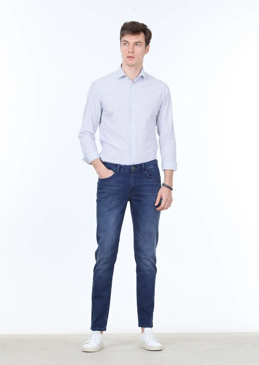 Açık Lacivert Düz Slim Fit Denim Pamuk Karışımlı Pantolon - 2