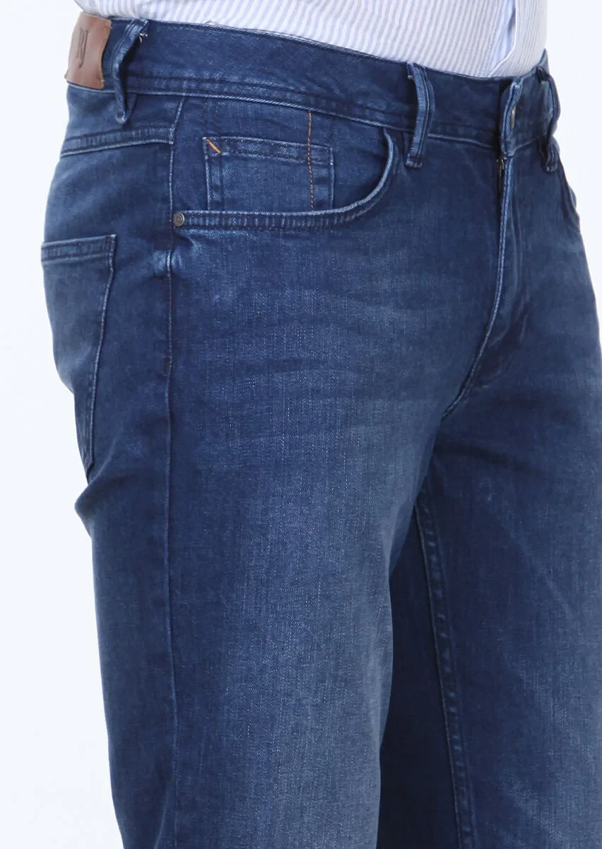 Açık Lacivert Düz Slim Fit Denim Pamuk Karışımlı Pantolon - 3