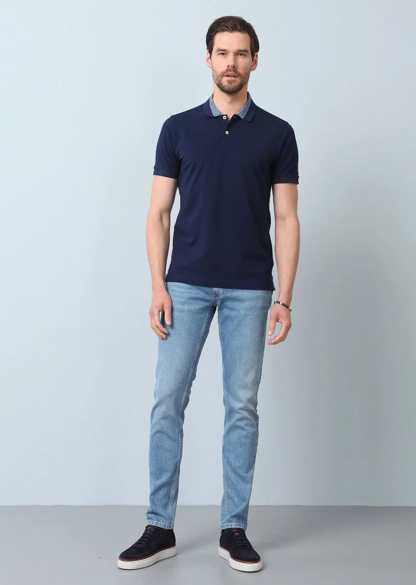 Açık Lacivert Jakarlı Polo Yaka %100 Pamuk T-Shirt - 5