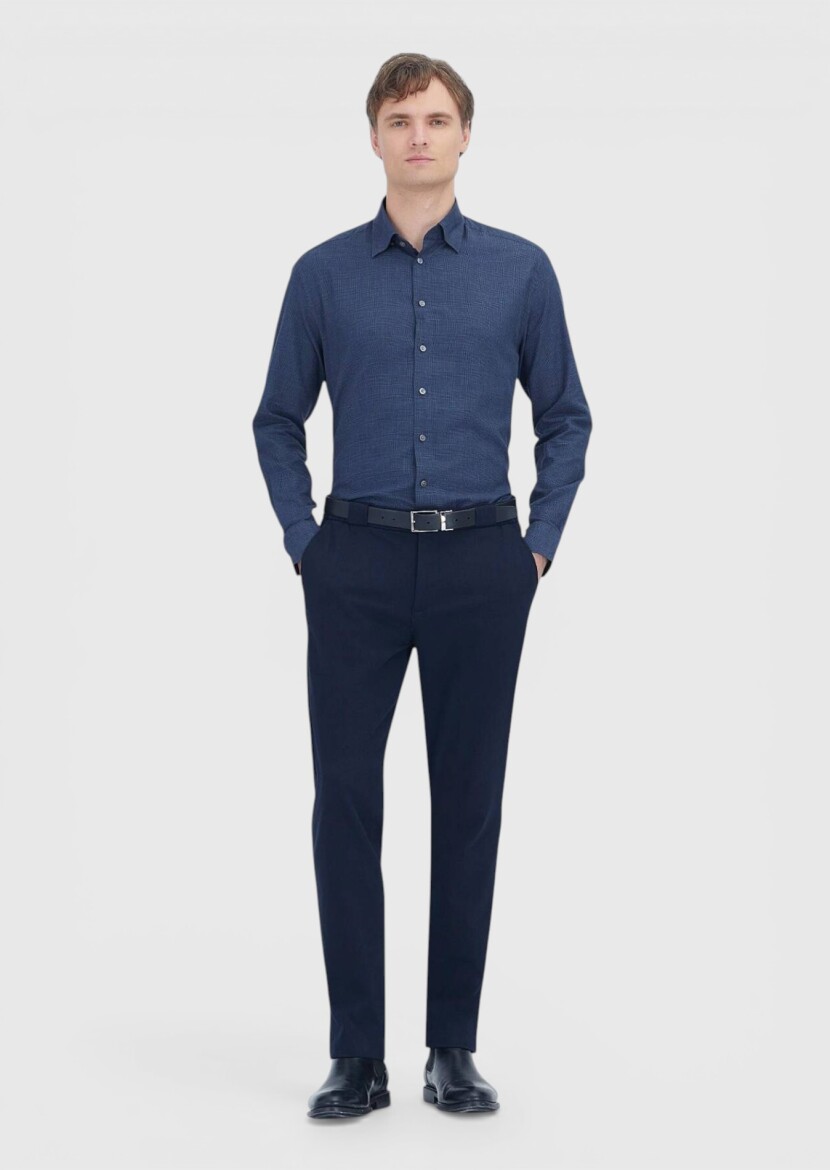 Açık Lacivert Kareli Casual Fit Uzun Dokuma Casual %100 Pamuk Gömlek - 2