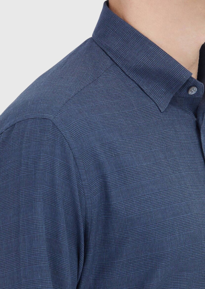 Açık Lacivert Kareli Casual Fit Uzun Dokuma Casual %100 Pamuk Gömlek - 4